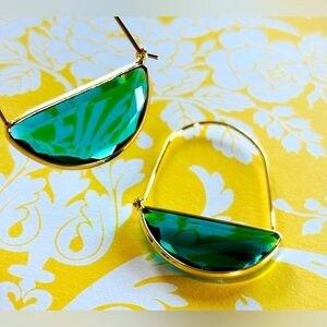 Green hoop drop gold tone earrings